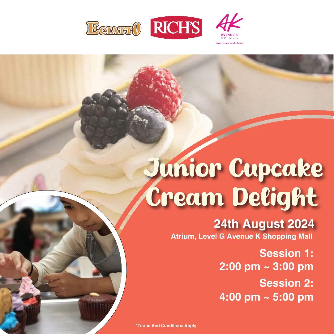 Siapa yang ada anak/anak saudara/adik, jom join Junior Cupcake Cream Delight on 24th August 2024 @ Avenue K, KLCC!

All items provided, fee RM15/pax only! Ada 2 session on the day, jommmm! 🥰

Register here: forms.gle/NTQTAiy9j1SY2x…