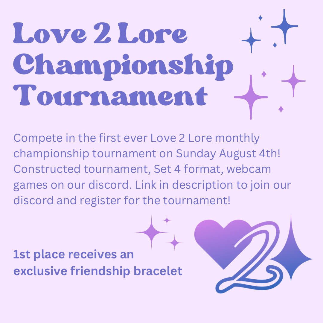 Love2Lore's tweet photo. The #Love2Lore community continues to impress me, and this Sunday on our discord (link in profile for any Lorcana lovelies of marginalized genders) we will be hosting our first ever community tournament as a farewell to the set 4 format. Let's Duel! https://t.co/I6c5mKagYS