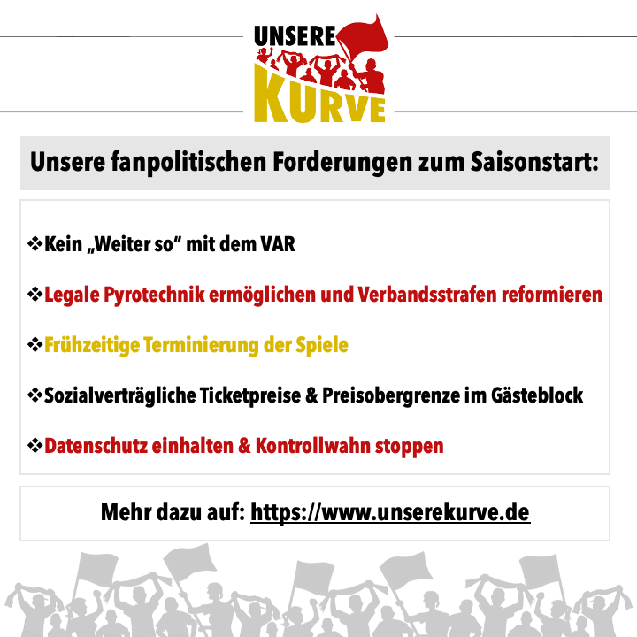 Mit dem Start in die 2. Bundesliga und 3. Liga der Männer rollt der Ball wieder im Profifußball. Anlass genug für uns, mit einem deutlichen Appell in die Spielzeit 2024/25 zu gehen. Dabei wollen wir auf fünf Kernthemen aufmerksam machen:

#saisonstart #dfb #dfl #fanpolitik