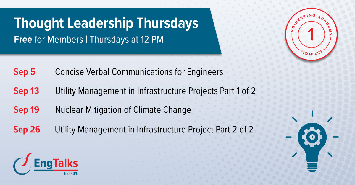 O_S_P_E's tweet photo. Elevate your #engineering expertise by attending Thought #Leadership Thursdays!

Dive into topics like effective #communication, #utility #management, and #climate change solutions.

Register: https://t.co/8g7XkHha9s

#OSPEGrows #EngineersGrow #FreeWebinar #EngineeringWebinar https://t.co/hSa3T7K8qI