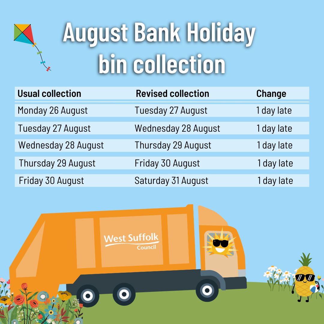 ☀️Make sure you are up to date on the August bank holiday bin collection!

Swipe to see the revised collection collection days for your area  ➡️  or visit orlo.uk/1NBeb

Please be a #Binfluencer and make sure your bins are out early to help encourage others!