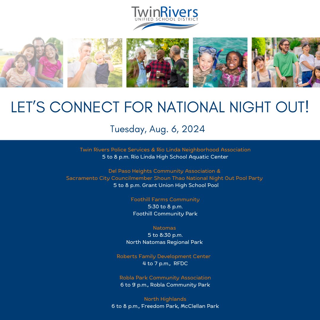 TwinRiversUSD's tweet photo. Twin Rivers Unified is proud to support National Night Out. Join us and your neighbors on Aug. 6 for an evening of community building. Let’s make our neighborhoods safer together! https://t.co/Wt74CdCDZo