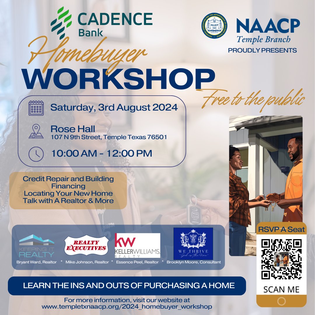 Join us for an exceptional homebuyer experience with Cadence Bank, realtors, and financial experts to build your financial security.

Don't miss this opportunity to move closer to your homeownership dreams!

templetxnaacp.org/2024_homebuyer…
