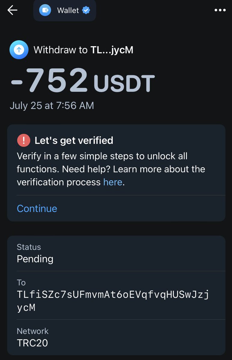 Telegram <a href="/wallet_tg/">Wallet in Telegram</a> is an AML scam. Are you guys staking frozen assets?

Limit: €3.5k. Transaction: 752 USDT. Frozen until I hand over personal data to a company whose location is a mystery (see the user agreement).