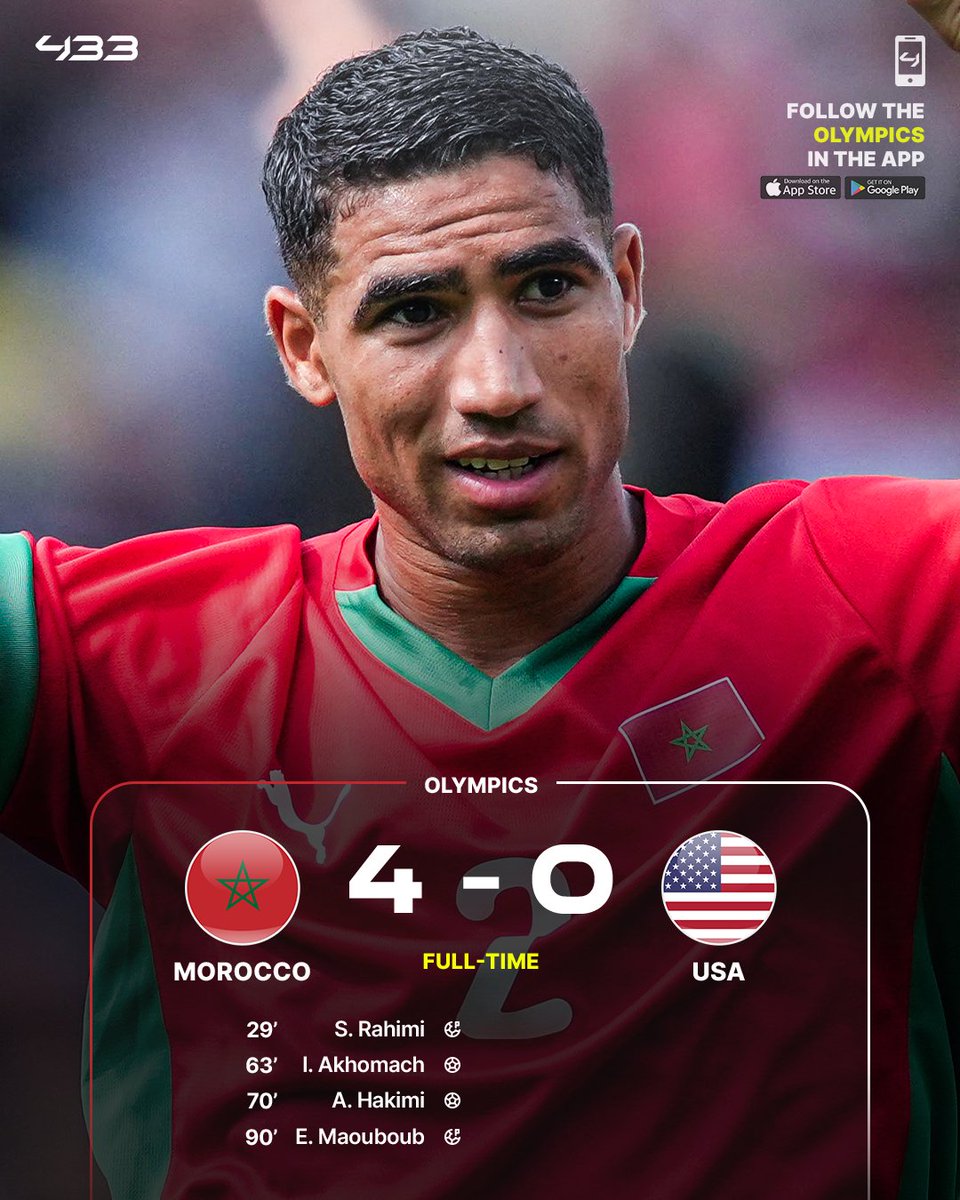 433's tweet image. MOROCCO ADVANCE TO THE OLYMPIC SEMI-FINALS AFTER A 𝙎𝙏𝙐𝙉𝙉𝙄𝙉𝙂 VICTORY OVER USA 🇲🇦