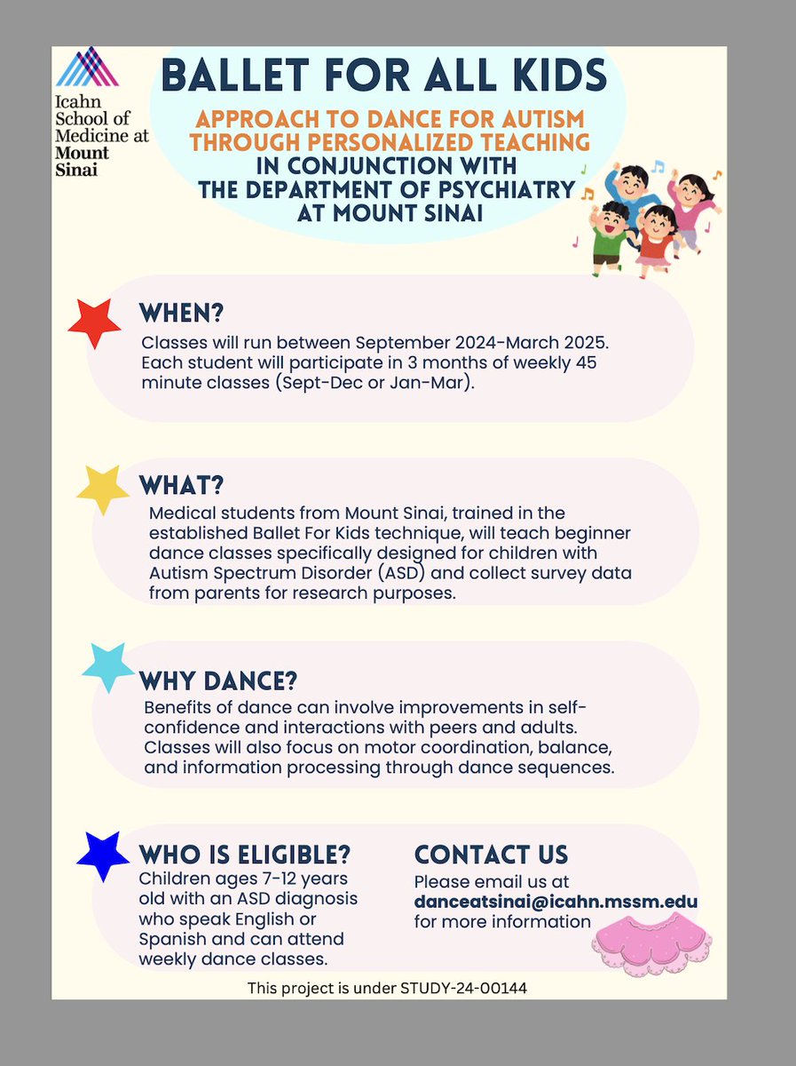 Seaver Autism Center (@seaverautism) on Twitter photo New study recruiting kids 7-12 diagnosed with #autism spectrum disorder to participate in a weekly after-school recreational dance program for free!
Contact danceatsinai@icahn.mssm.edu if interested. New study recruiting kids 7-12 diagnosed with #autism spectrum disorder to participate in a weekly after-school recreational dance program for free!
Contact danceatsinai@icahn.mssm.edu if interested.