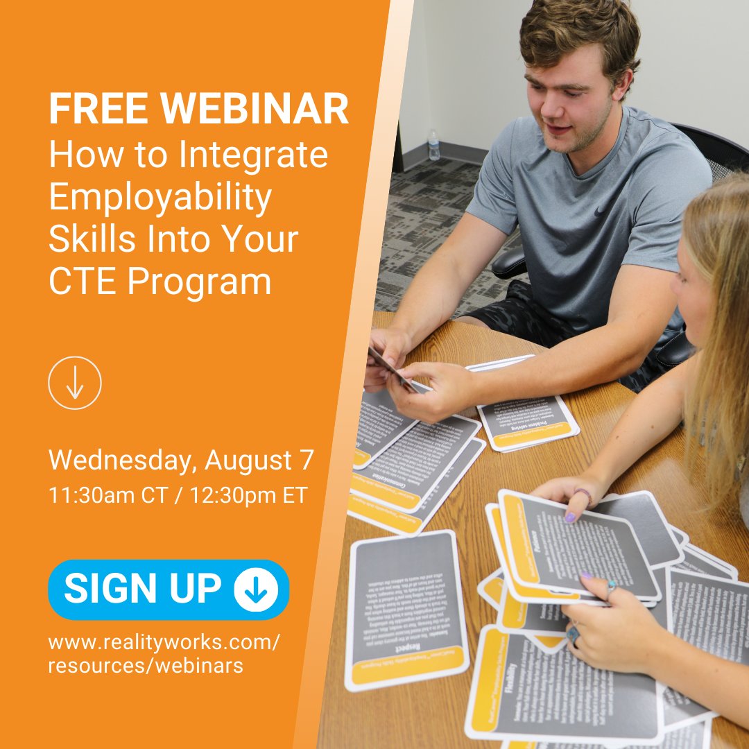 RealityworksInc's tweet photo. Short on time but want to teach employability skills? Join Denise DuBois for a webinar on 3 easy-to-use #softskills programs for any CTE class. Get a sneak peek at our new middle school program too! Register now: https://t.co/mvpCM4Ji73
#CTE #Realityworks https://t.co/KqTd5sWj21