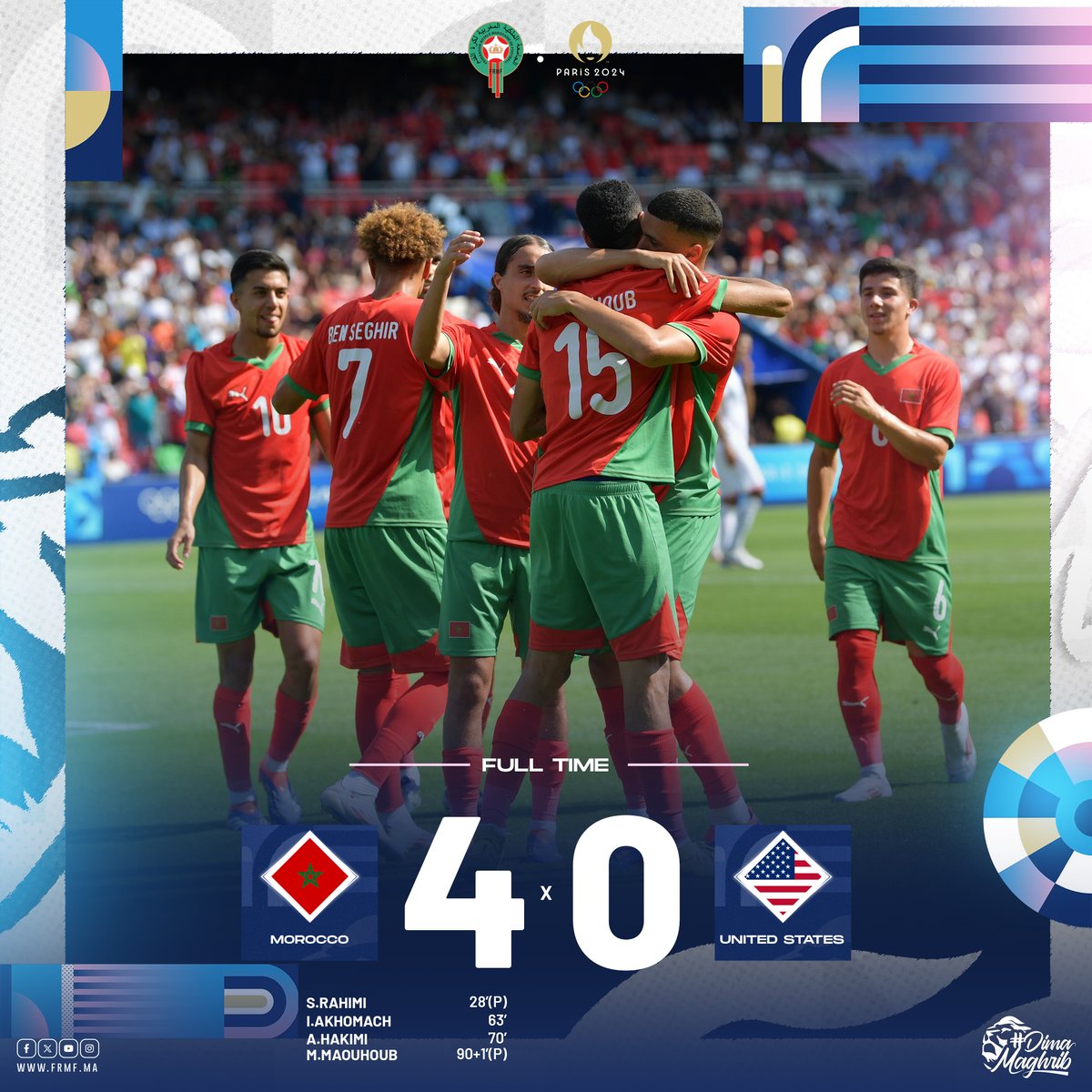 EnMaroc's tweet photo. نهاية المباراة بفوز و تأهل منتخبنا الوطني الأولمبي إلى دور النصف النهائي من الألعاب الأولمبية بعد فوزه أمام منتخب الولايات المتحدة الأمريكية
𝗙𝗧. 🇲🇦4-0🇺🇸
𝗕𝗜𝗚 𝗪𝗜𝗡 against the United States! 𝗪𝗘’𝗥𝗘 𝗜𝗡 𝗧𝗛𝗘 𝗦𝗘𝗠𝗜𝗙𝗜𝗡𝗔𝗟𝗦 🦁💪🏻

#DimaMaghrib | #Paris2024 https://t.co/ccJzotAHZn