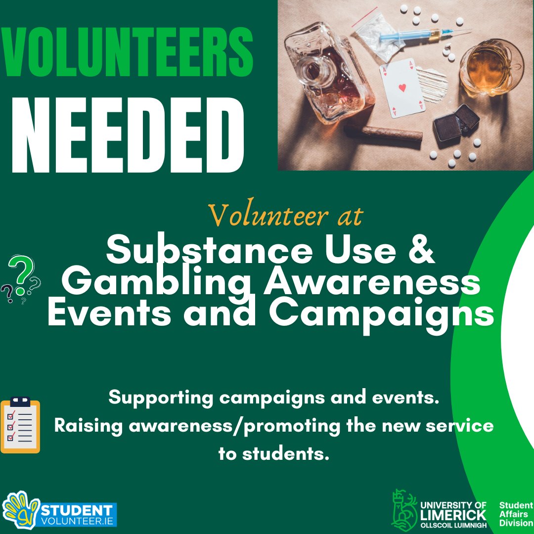 ul_pva's tweet photo. ⚡Volunteer for Healthy UL at Substance Use and Gambling Awareness Events and Campaigns⚡️

👑Duties include: Supporting social media and on-campus campaigns and events, and raising awareness/promoting the new service to students.

Interested?📢Check out https://t.co/ZgagqP0WgO https://t.co/6KBRb5znox