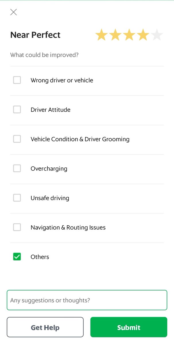 minzy__'s tweet photo. random ux i chanced upon from my ride hailing app 🚗

when rating your ride:
- choose 4 stars, give feedback
- choose 5 stars, give compliments

really cute! https://t.co/sfqKdryFMA