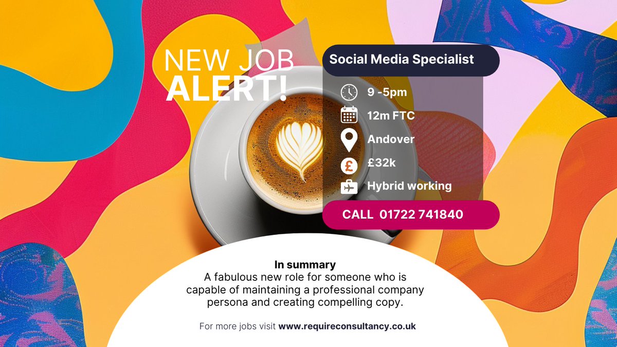 Have you ever  fancied managing an entire company's social media channels where you  liaise with external digital agencies, produce engaging and relevant  content on a daily basis?

Call 01722 741840 or visit requireconsultancy.co.uk/job/social-med… to find out more and apply.

#andoverjobs
