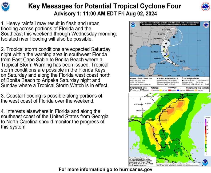 11am EDT August 2nd: Here are the initial key messages for Potential Tropical Cyclone Four (#PTC4).

Tropical Storm Watches and Warnings have been issued for the Florida Keys and portions of the west coast of the Florida Peninsula.

hurricanes.gov/#Four