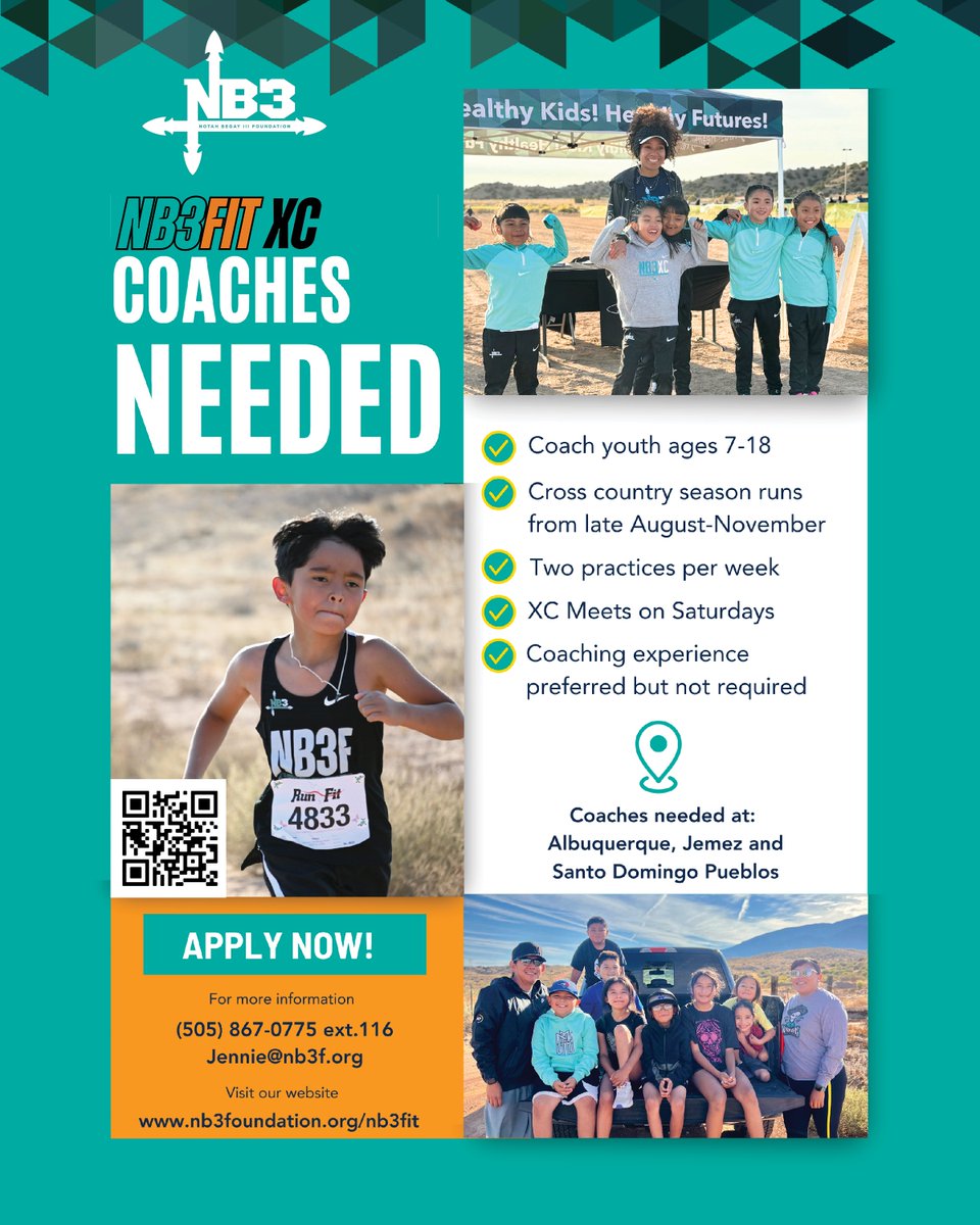 NB3Foundation's tweet image. ‼️Coaches needed for the upcoming cross country season‼️ 
📍Albuquerque
📍Jemez Pueblo
📍Santo Domingo Pueblo

🏃‍♂️🏃‍♀️🌟Check out the details here ow.ly/Htp350SQ7qB

#NB3F #NB3FIT #CrossCountry  #HealthyKidsHealthyFutures #NativeYouth