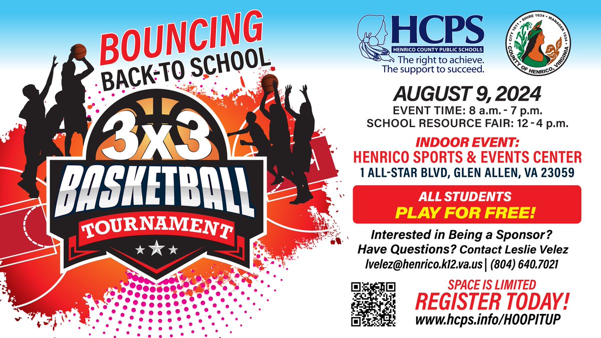 The HCPS Back to School event is almost here! Join us for fun, entertainment, and basketball on August 9th. Today is the last day to register your teams for the 3x3 basketball tournament. See the flier for details. Interested in volunteers, click here-->shorturl.at/gIvNG