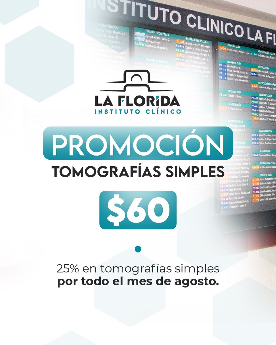 ¡Tu salud es lo primero!👩🏼‍⚕️

Durante todo agosto, aprovecha nuestra promoción:
Tomografías simples por $60
25 % de descuento durante todo el mes🗓️

¡No descuides tu bienestar, agenda tu cita con nosotros!👨🏻‍⚕️

Contáctanos al +58 424-2032051📞
📍Av. Los Samanes, La Florida, Caracas