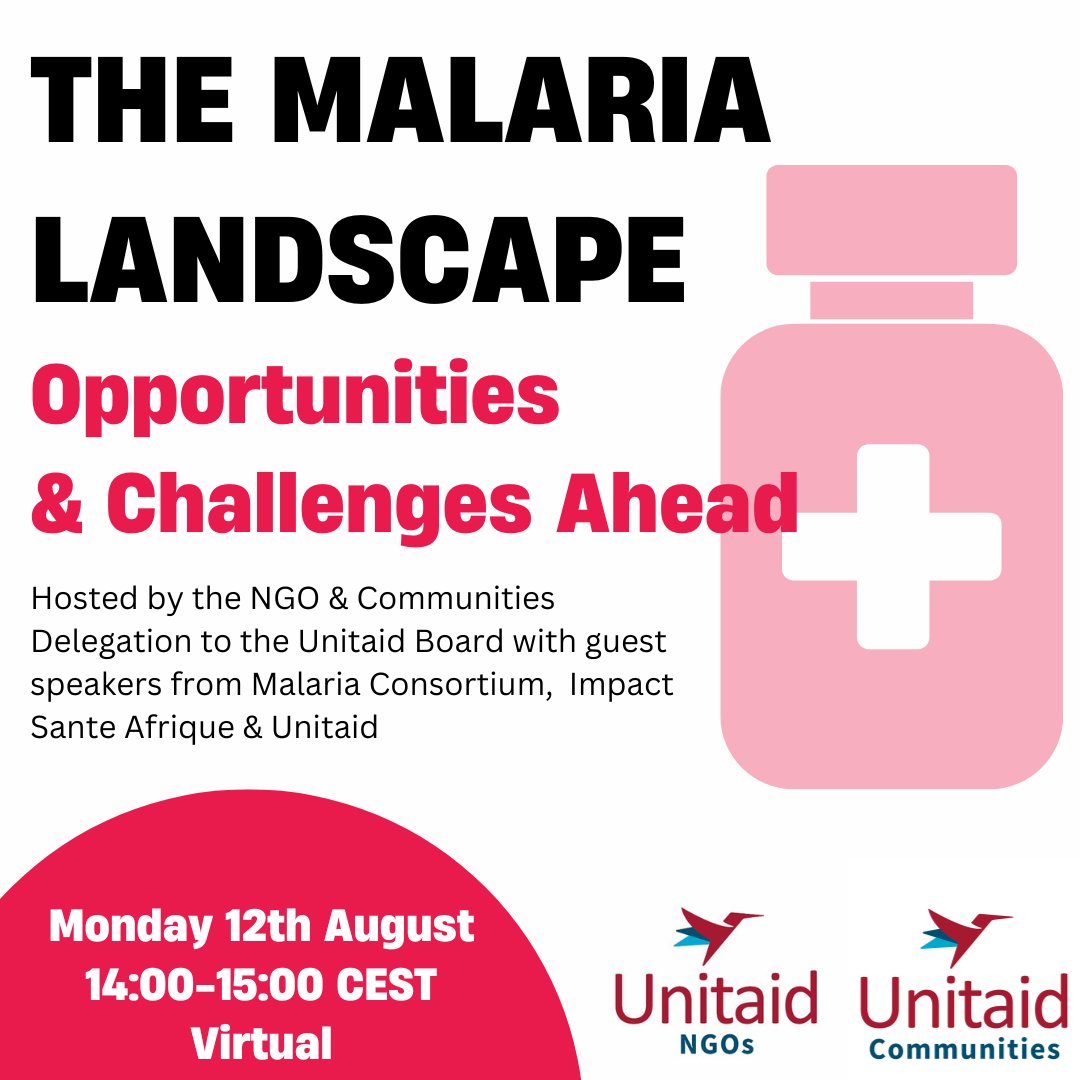 💊💉Join us on Monday 12th August from 2-3pm CEST for a webinar on the Malaria Landscape with speakers from Malaria Consortium, Impact Sante Afrique and Unitaid. <a href="/UTDCommunities/">Unitaid Communities</a> 

Register here today:  us02web.zoom.us/meeting/regist…