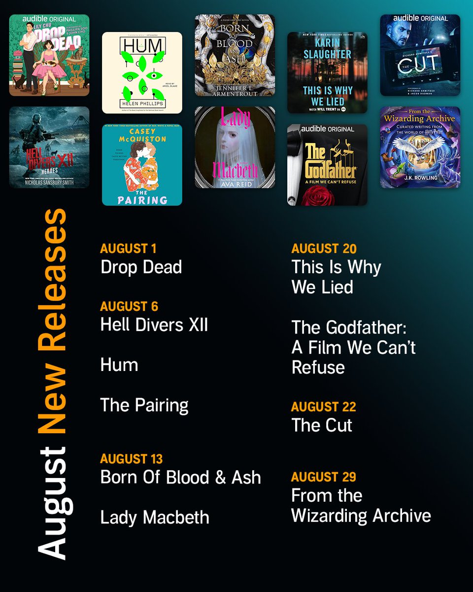 Audible (@audible_com) on Twitter photo August is a hot month in more ways than one! With new releaseses from <a href="/greatwaveink/">Nicholas Sansbury Smith</a>, <a href="/SlaughterKarin/">Karin Slaughter</a>, <a href="/RCArmitage/">Richard Armitage</a>, @paramountpics, and <a href="/wizardingworld/">Wizarding World</a>, your Audible wish list will be on fire: adbl.co/new-releases August is a hot month in more ways than one! With new releaseses from <a href="/greatwaveink/">Nicholas Sansbury Smith</a>, <a href="/SlaughterKarin/">Karin Slaughter</a>, <a href="/RCArmitage/">Richard Armitage</a>, @paramountpics, and <a href="/wizardingworld/">Wizarding World</a>, your Audible wish list will be on fire: adbl.co/new-releases