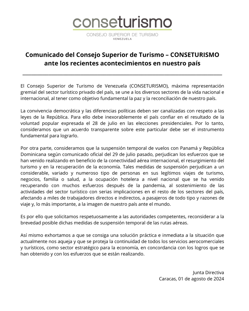 Comunicado del Consejo Superior de Turismo – CONSETURISMO - ante los recientes acontecimientos en nuestro país.

#conseturismo #venezuela #pais #realidad #turismo