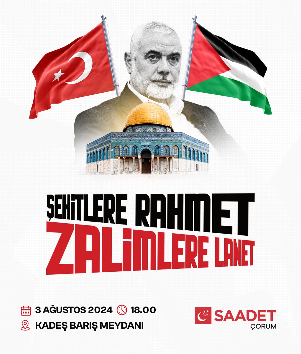 Şehit İsmail Haniye, 3 Ağustos’ta tüm İslam alemini meydanlara davet etmişti. 
Çağrısı emanetti, artık vasiyet oldu. 

Vasiyetine sahip çıkıyoruz ey şehid 

3 Ağustos Cumartesi  saat 18:00’da “Şehitlere Rahmet, Zalimlere Lanet” açıklamamız için Kadeş Barış Meydanında toplanıyoruz