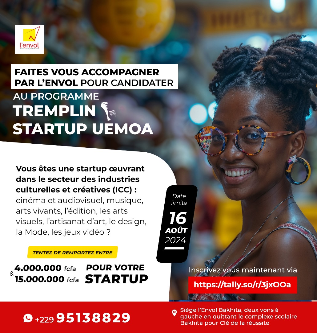 Vous êtes une startup des Industries Culturelles et Créatives (ICC) ? 

C'est une initiative de l'UEMOA qui offre cette année un accompagnement précieux aux startups évoluant dans le secteur des ICC. 

🔗 Inscrivez-vous dès maintenant via : [tally.so/r/3jxOOa]