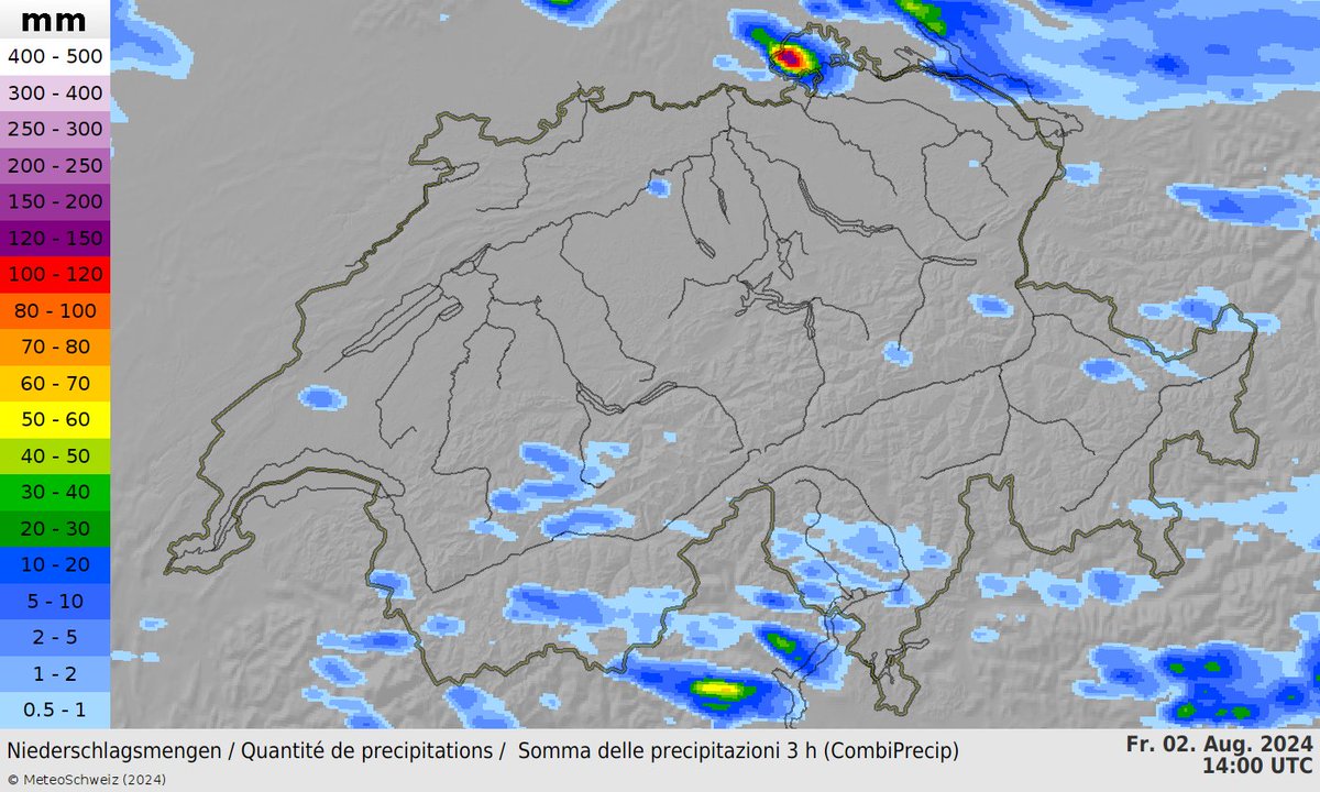 Stationäres #Gewitter über der Nordschweiz. Zwischen 13.30 und 16 Uhr sind im Grossraum #Hallau gemäss Radarmessungen  teils mehr als 100 mm #Niederschlag gefallen. Unsere Messstation registrierte in diesem Zeitraum 74 mm, was Platz 5 in der langen Messreihe (1886) bedeutet.
