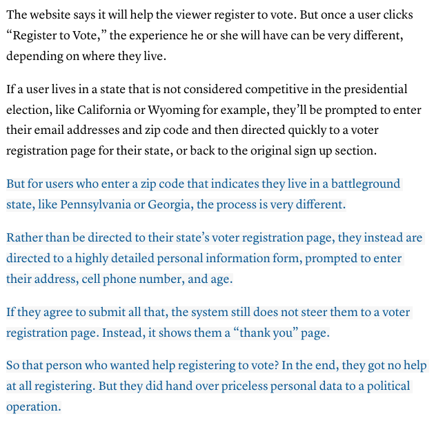 BadWritingTakes's tweet photo. So this is honestly worse than the headline suggests.

This is a straight up scam.

It steals people's data under false pretences and may lead them to believe they've registered to vote when they haven't. https://t.co/9LNWCHNIY3