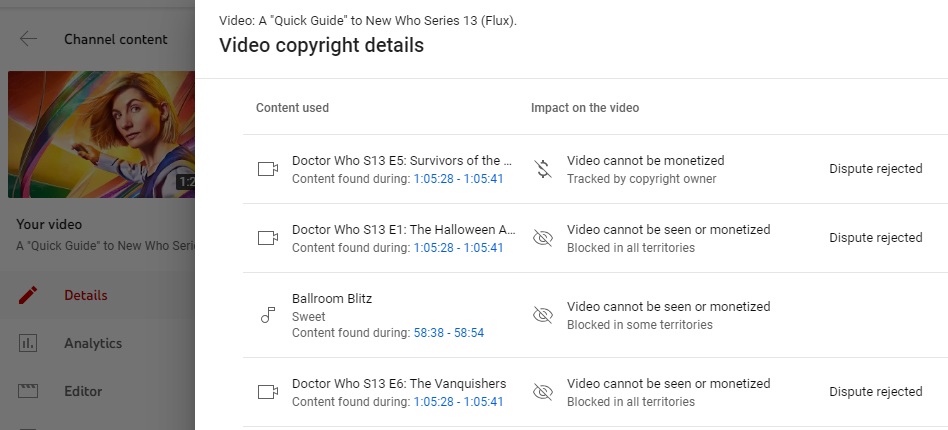 Diamandahagan's tweet image. The BBC took down my Flux video because they decided that a small piece of footage was in 3 different eps, so they blocked it twice and tracked it once. Then they rejected my challenges. The life of a Whotuber.