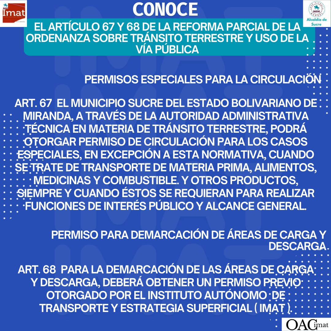 Continuamos con la difusión de la Reforma Parcial de la Ordenanza sobre Tránsito Terrestres y uso de la vía pública del Municipio Sucre del Estado Bolivariano de Miranda
<a href="/lAlcaldiasucre/">AlcaldíaSucre</a>
#ImatSucreTrabajandoPorSuMunicipio