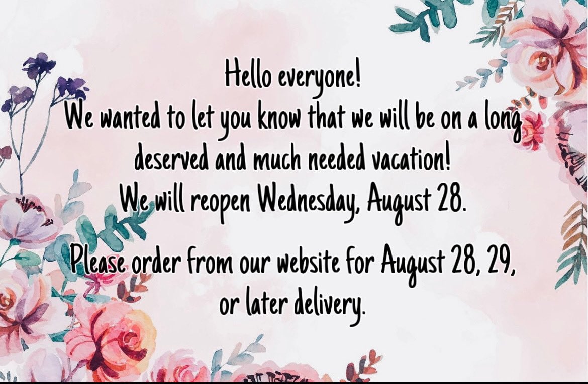 Surf_Florist's tweet photo. Thank you for understanding! 🌸💐
~ Your friends at Surf Florist https://t.co/C3KZIm2WsQ