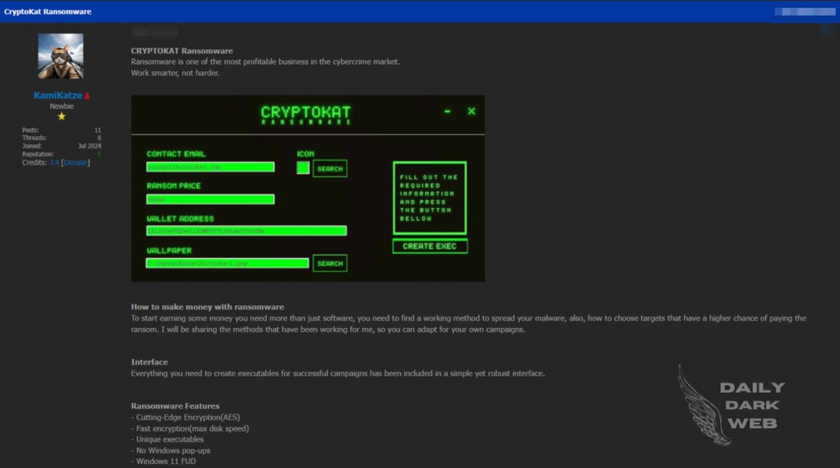 🚨🔐New CRYPTOKAT Ransomware Released 🔐🚨 https://t.co/cSPZAsKISC #DarkWeb  #ransomware #CRYPTOKAT #Crypto #AES
