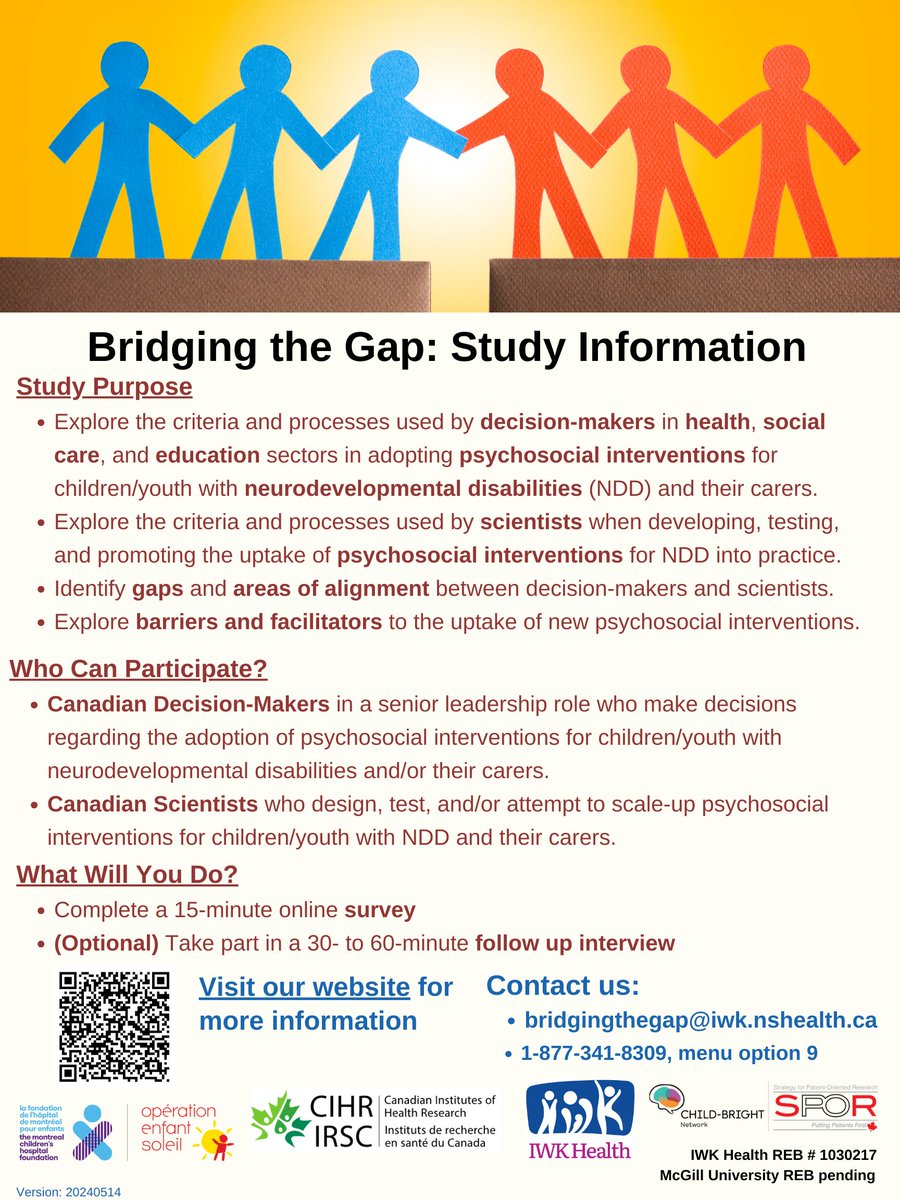 ChildBrightNet's tweet image. 📙🔍CHILD-BRIGHT project Bridging the Gap from Science to Uptake is looking for scientists &amp;amp; decision makers in 🇨🇦 to complete a survey and optional interview about the adoption of psychosocial programs for kids &amp;amp; youth w/#NeurodevelopmentalDisabilities 👉bridgingthegapstudy.my.canva.site/bridging-the-g…