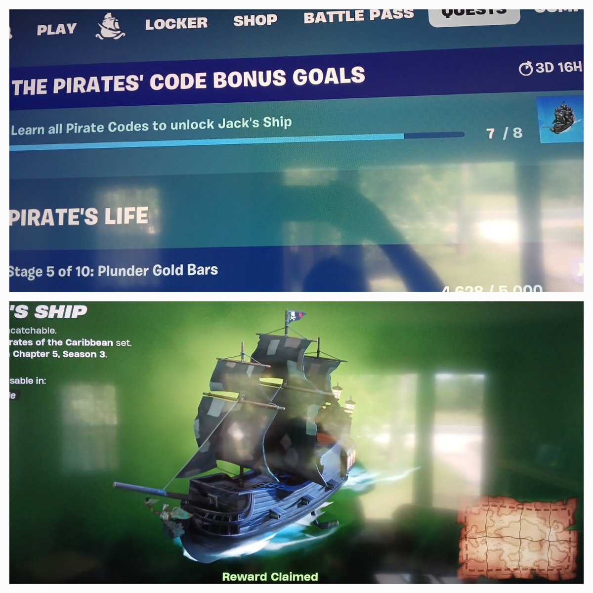 M_Roberts_Music's tweet photo. @FortniteStatus @FortniteGame The Pirate Code quests not crediting the ship glider stuck at 7/8. On the Cursed Sails page it states reward claimed, yet no reward has been issued. https://t.co/zdrootfMCA
