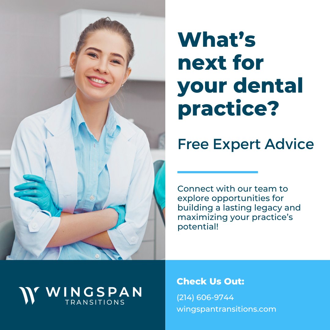 WingspanUSA's tweet image. What&apos;s Next for Your #DentalPractice? Get free expert insights on market trends &amp;amp; discover how to leverage your practice as a powerful asset. Connect with #WingspanTransitions to explore opportunities for maximizing your practice’s potential! 
#PracticeTransition #Dentist #Dental