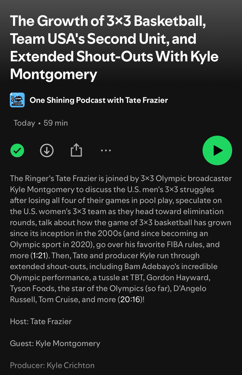 New <a href="/oneshiningpod/">OSP</a> with the voice behind 3x3 basketball <a href="/the_realkylem/">Kyle Montgomery</a> breaking down USA’s 0-4 start, Ice Cube saving the day in 2028, and why <a href="/RobbieHummel/">Robbie Hummel</a> should step up and replace Jimmer plus Shoutouts featuring Tom Cruise with <a href="/TomShady300/">Kyle Crichton</a>! 

Listen: open.spotify.com/episode/3CnAMh…