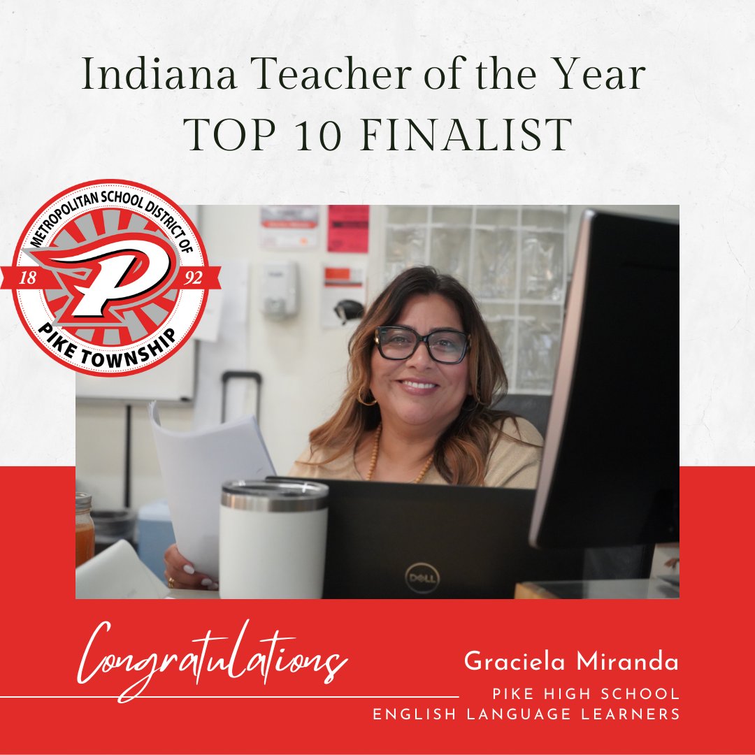 PikeSchools's tweet photo. Please join us in congratulating @PikeHighSchool's Graciela Miranda for being named an Indiana Teacher of the Year Top 10 Finalist!

#PikeProud #PikeFamily #PikeExcellence https://t.co/ZhIrGu4vVF
