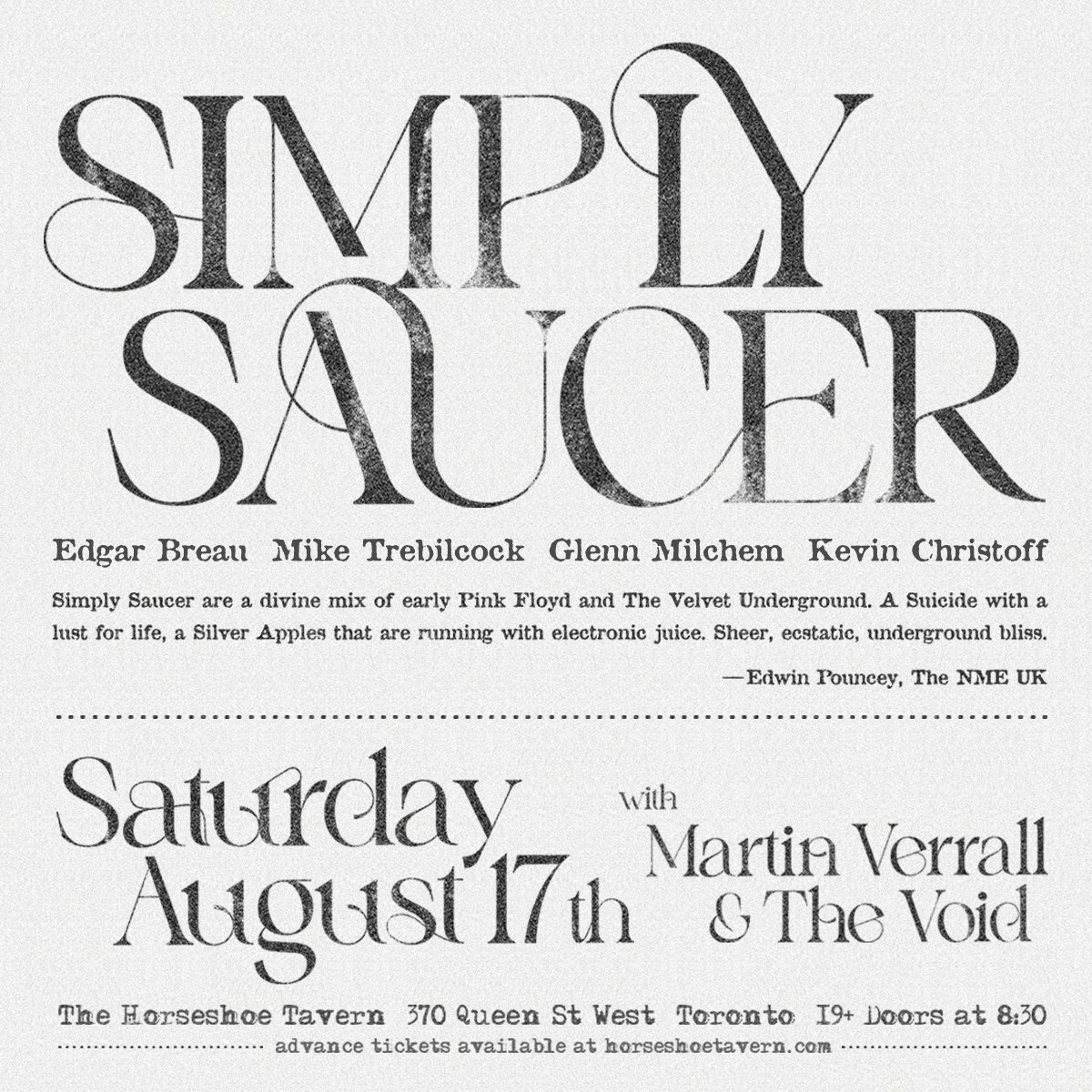 💥COMING UP💥 A Reminder sci-fried proto-punks Simply Saucer are here on Saturday August 17th with Martin Verrall!

🎟🎟🎟 Tickets at showclix.com/event/simply-s…

#simplysaucer #cyborgsrevisited #martinverrall #horseshoetavern