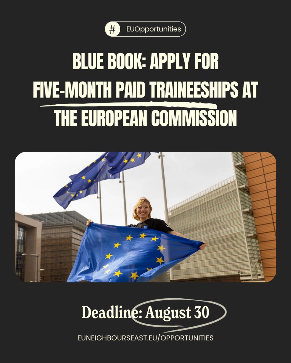 euneighbours's tweet image. Registration for five-month paid traineeships at 🇪🇺 @EU_Commission is open now! Citizens of EaP countries can also apply for a limited number of spots across various departments &amp;amp; agencies in 🇧🇪, 🇱🇺, &amp;amp; 🇪🇺 the 27 EU Member States. More ➡️ bit.ly/3Yr36Sr
#EUOpportunities