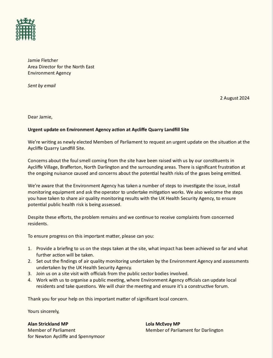 Alan Strickland MP (@alanstrickland) on Twitter photo Thank you to everyone who’s been in touch about the strong smell impacting Aycliffe Village and the surrounding areas. 
I know this is an issue of significant local concern. 
Me and Lola McEvoy MP have written to the Environment Agency asking for an urgent update ⬇️ Thank you to everyone who’s been in touch about the strong smell impacting Aycliffe Village and the surrounding areas. 
I know this is an issue of significant local concern. 
Me and Lola McEvoy MP have written to the Environment Agency asking for an urgent update ⬇️