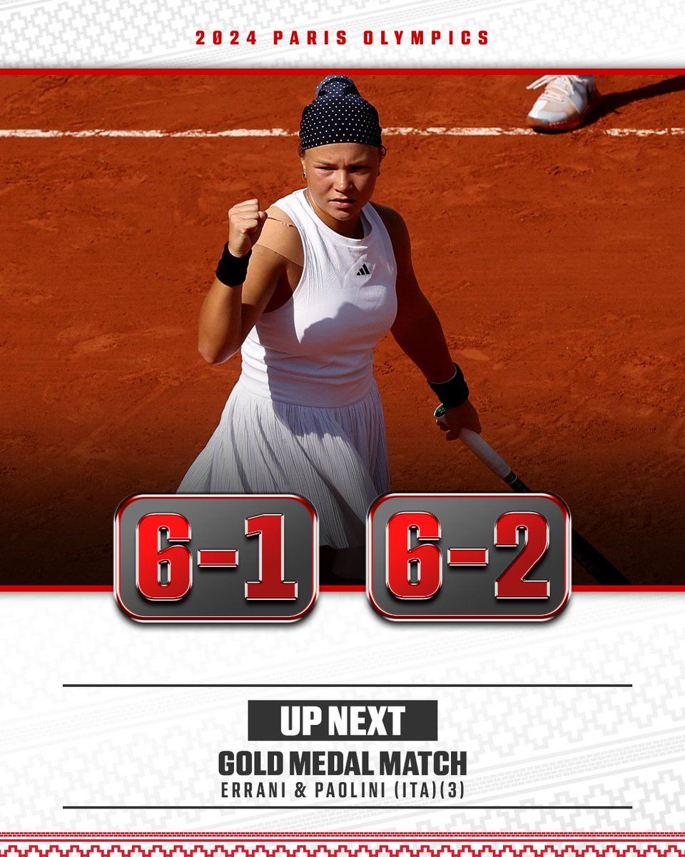 She's done it! 

Diana Shnaider will play for gold in women's doubles. Shnaider and Andreeva (AIN) defeated Bucsa and Sorribes Tormo (ESP) 6-1, 6-2.   

#GoPack  | #PackInParis