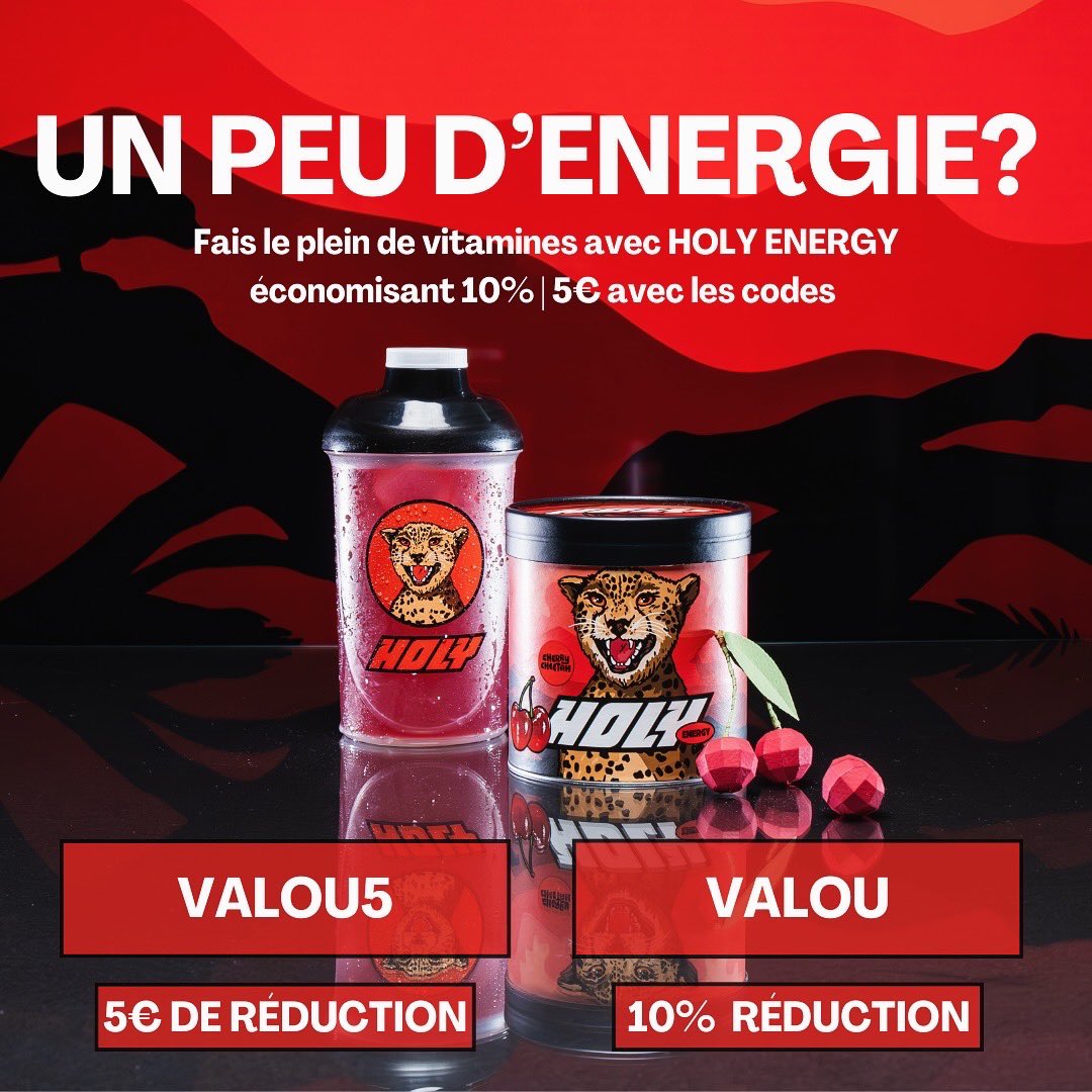 Très fier d’entrer dans la famille <a href="/holysquad_fr/">HOLY Squad France®</a> ! 🫶🏻🔥
Ceux qui ne connaissent pas, Holy vous propose un alternatif aux boissons gazeuses et sucrées! 🥤
Energy, Iced Tea ou encore hydratation, il y en a pour tous les goûts ! 💦
-5€ avec mon code VALOU5
-10% avec mon code VALOU