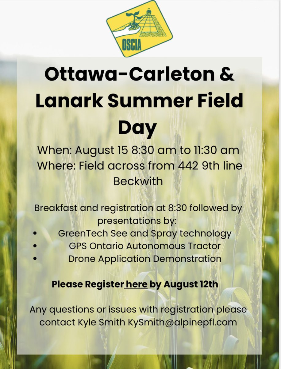 Mike Sullivan (@sullivanagroms) on Twitter photo Come join us August 15th for Ottawa Carleton and Lanark Soil and Crop Summer field Day. RSVP for breakfast and come learn about some new
technologies in agriculture!
Registration link- surveymonkey.com/r/YGM6JV6
<a href="/gpsontario/">Jordan Wallace</a>
<a href="/JohnDeere/">John Deere USA</a> Come join us August 15th for Ottawa Carleton and Lanark Soil and Crop Summer field Day. RSVP for breakfast and come learn about some new
technologies in agriculture!
Registration link- surveymonkey.com/r/YGM6JV6
<a href="/gpsontario/">Jordan Wallace</a>
<a href="/JohnDeere/">John Deere USA</a>