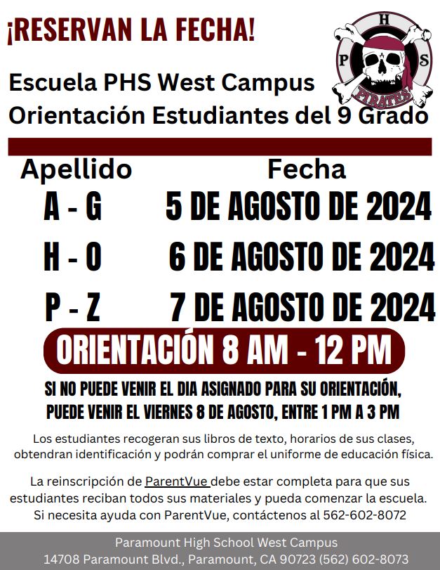 📢 Attention PHS West Campus students and parents! Don't miss Freshman Orientation on August 5-7 (by last name) and Make-Up Day on August 8. Get your textbooks, schedules, ID cards, PE clothes, and more! 🏫✨

🔗 Re-enrollment on ParentVue must be completed before the event.