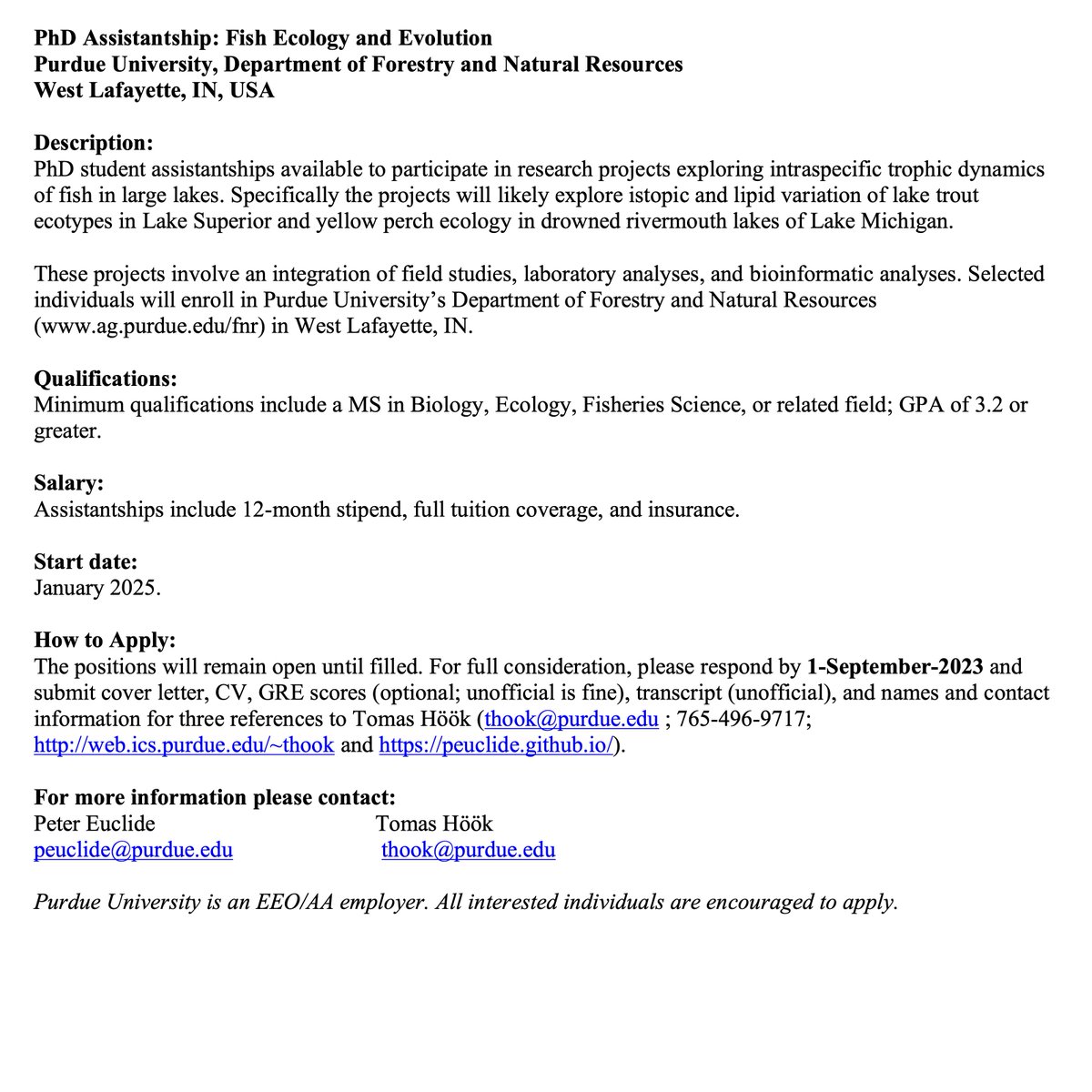 Peter Euclide (@peuclide) on Twitter photo Interested in fish ecology and trophic ecology? We are looking for a PhD student who wants to do their PhD at Purdue who could start in January! Come work with me and <a href="/HookLab/">Purdue Fish Eco Lab</a> on some Great Lakes science. Interested in fish ecology and trophic ecology? We are looking for a PhD student who wants to do their PhD at Purdue who could start in January! Come work with me and <a href="/HookLab/">Purdue Fish Eco Lab</a> on some Great Lakes science.