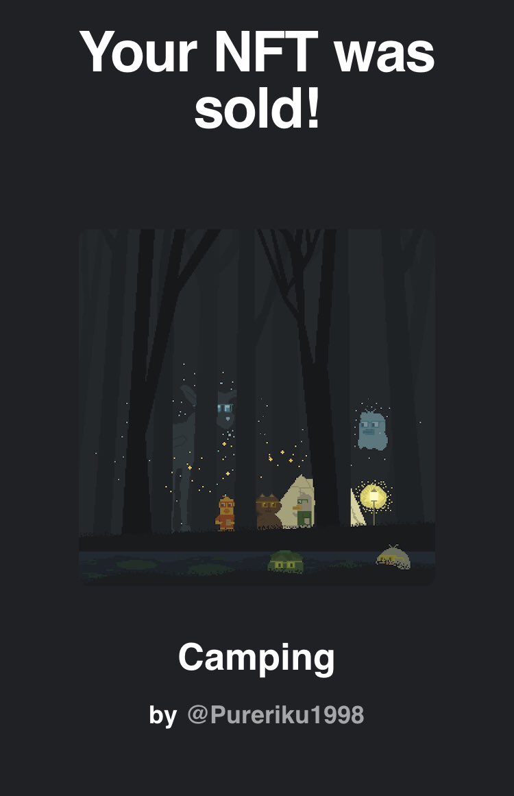 Auctions ended

🐱++ Pilgrim Cat Story ++🍀

" Camping " ( 1/1 ) on <a href="/foundation/">Foundation 🌐</a> 

Thank you <a href="/sudoWright/">Yser Twit</a> 

Thank you for your support .
 
<a href="/base/">Base</a> <a href="/VrbsDAO/">Vrbs ▀▄▀</a> 

#NFT #Pixel #pixelart #art