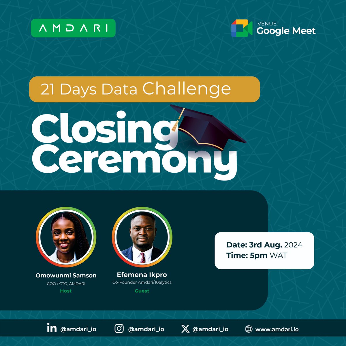 Amdari_IO's tweet image. The #Amdari21DaysDataChallenge Closing Ceremony is happening TOMORROW🎉

We&apos;ll be unveiling our top 3 grand winners and some of our hiring partners will be joining us as well. 

Who else is excited??☺️

Join us by 5PM on Google Meet

See you there!