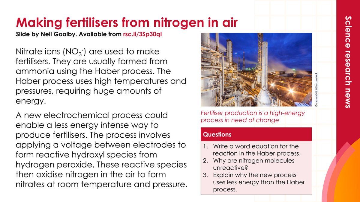 Have researchers found the solution to more sustainable fertiliser production? 
💡This new method uses electrochemistry to convert N2 to nitrate at room temperature ▶  edu.rsc.org/science-resear…

#scied #edchatie