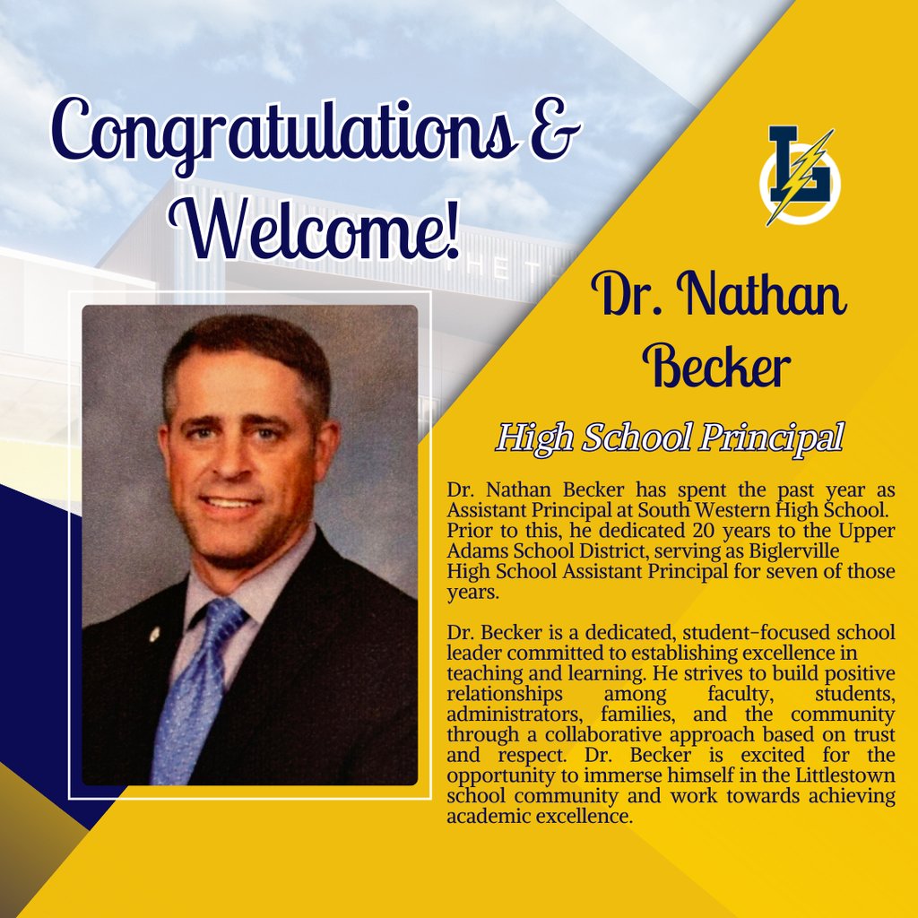 Congratulations and Welcome to Dr. Nathan Becker, our new High School Principal!  Dr. Becker will be joining our Thunderbolt Family in late September!