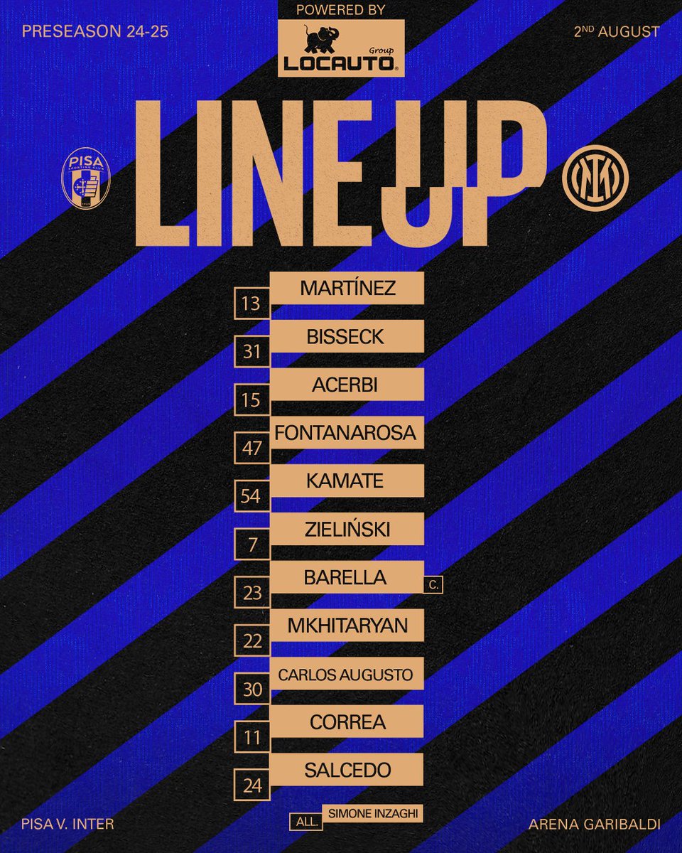 Inter's tweet photo. Gli 1️⃣1️⃣ Nerazzurri in campo questa sera 🏟️
👉 https://t.co/DhuxZW6OPt

Powered by Locauto
#ForzaInter #PisaInter https://t.co/nVvrJngvoQ