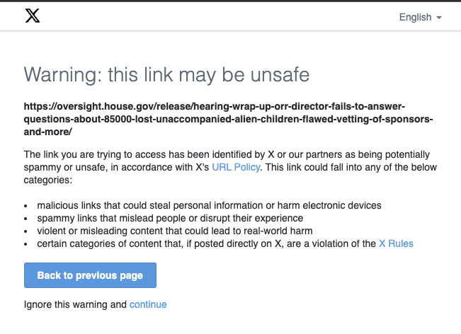 Ryanmatta's tweet photo. Why would @elonmusk allow @X to censor a congresional website that is exposing 85,000 missing migrant children? Click the link that Im retweeting and let me know if this happens. @JJCarrell14 https://t.co/FFPZJi07yi