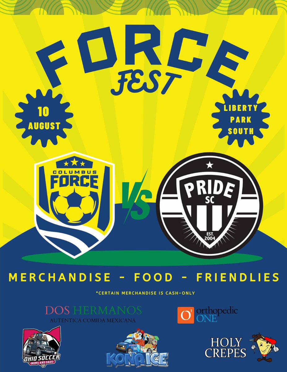 ColumbusForceSC's tweet photo. We are excited to invite you to Force Fest, a day filled with delicious food, essential safety education, and thrilling soccer action! 

📅 Date: 08/10/2024
📍 Location: Liberty Park South
🕒 Time: 9AM-5PM

#chirp #columbusforce #forcefest #pridesc #force https://t.co/NOQE9BCPw3